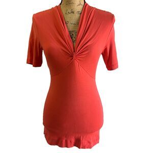 THEORY Women's Orange Short Sleeve Gathered V-Neck Jersey Top Blouse Sz S/M
